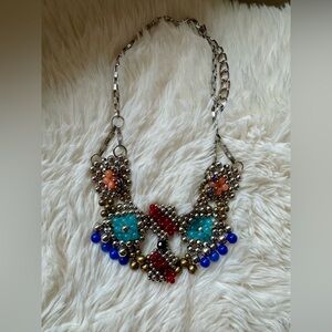 Beaded Bib Statement Necklace Colorful 22 inch silver tone Anthropologie
